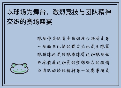 以球场为舞台，激烈竞技与团队精神交织的赛场盛宴