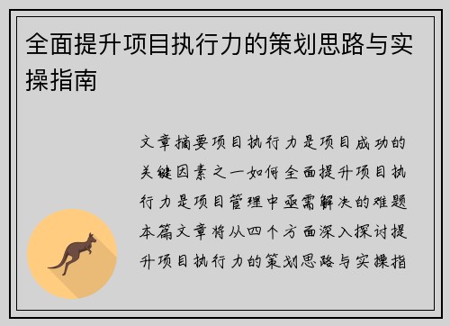 全面提升项目执行力的策划思路与实操指南